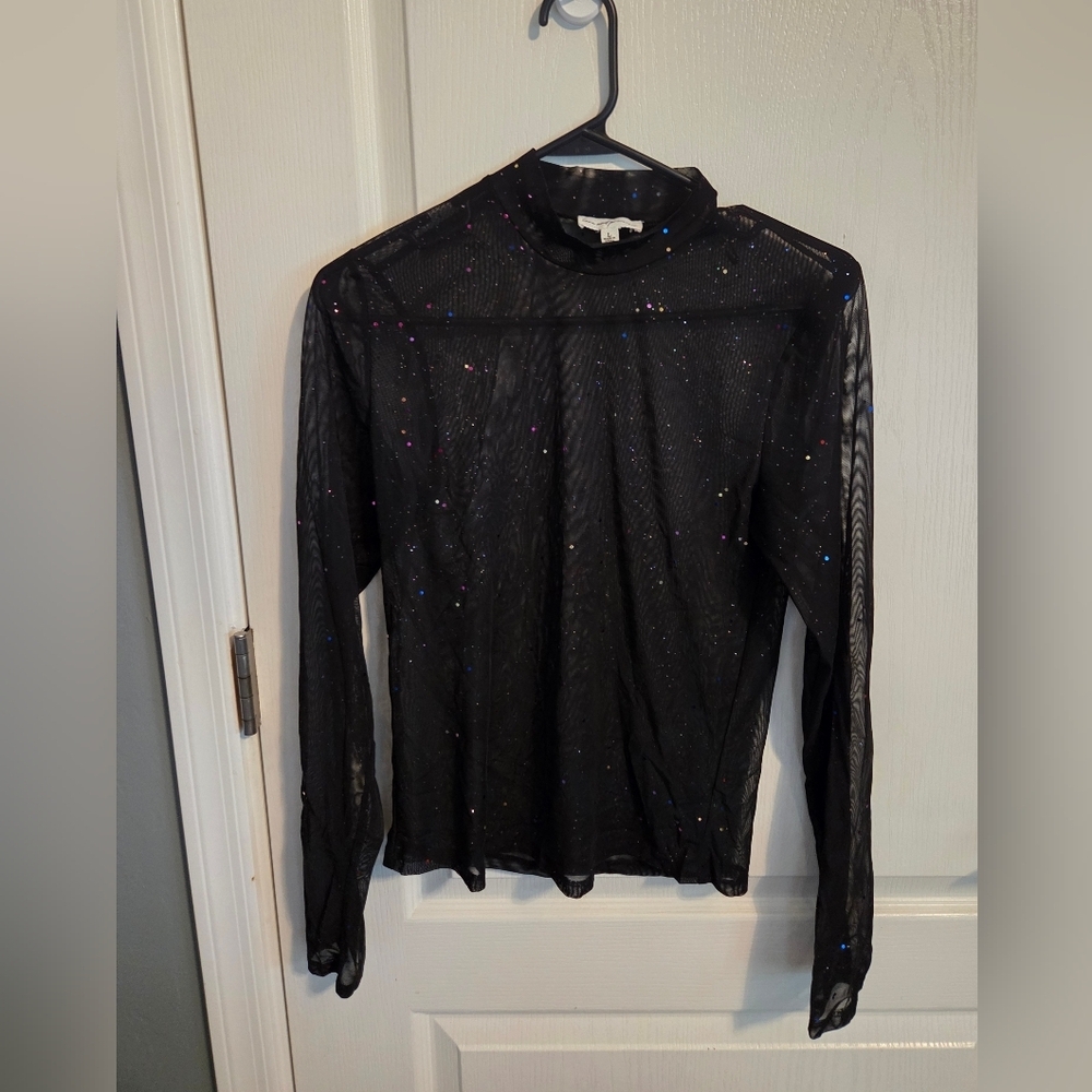 Black Sheer Long Sleeve Top Multicolored Sparkles